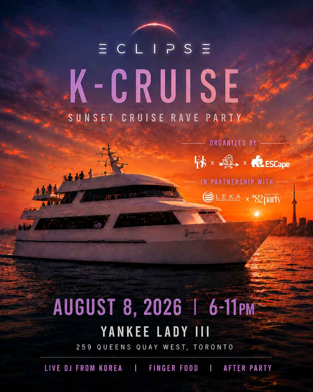ECLIPSE K-Cruise poster — the Yankee Lady III under an orange Toronto sunset